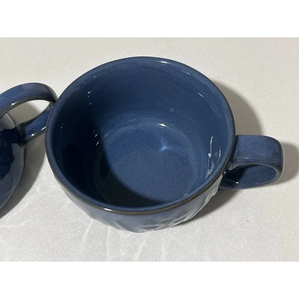 Pier 1 Blue Glazed Stoneware Teapot for One Set Cup w Lid Embossed Floral Boho